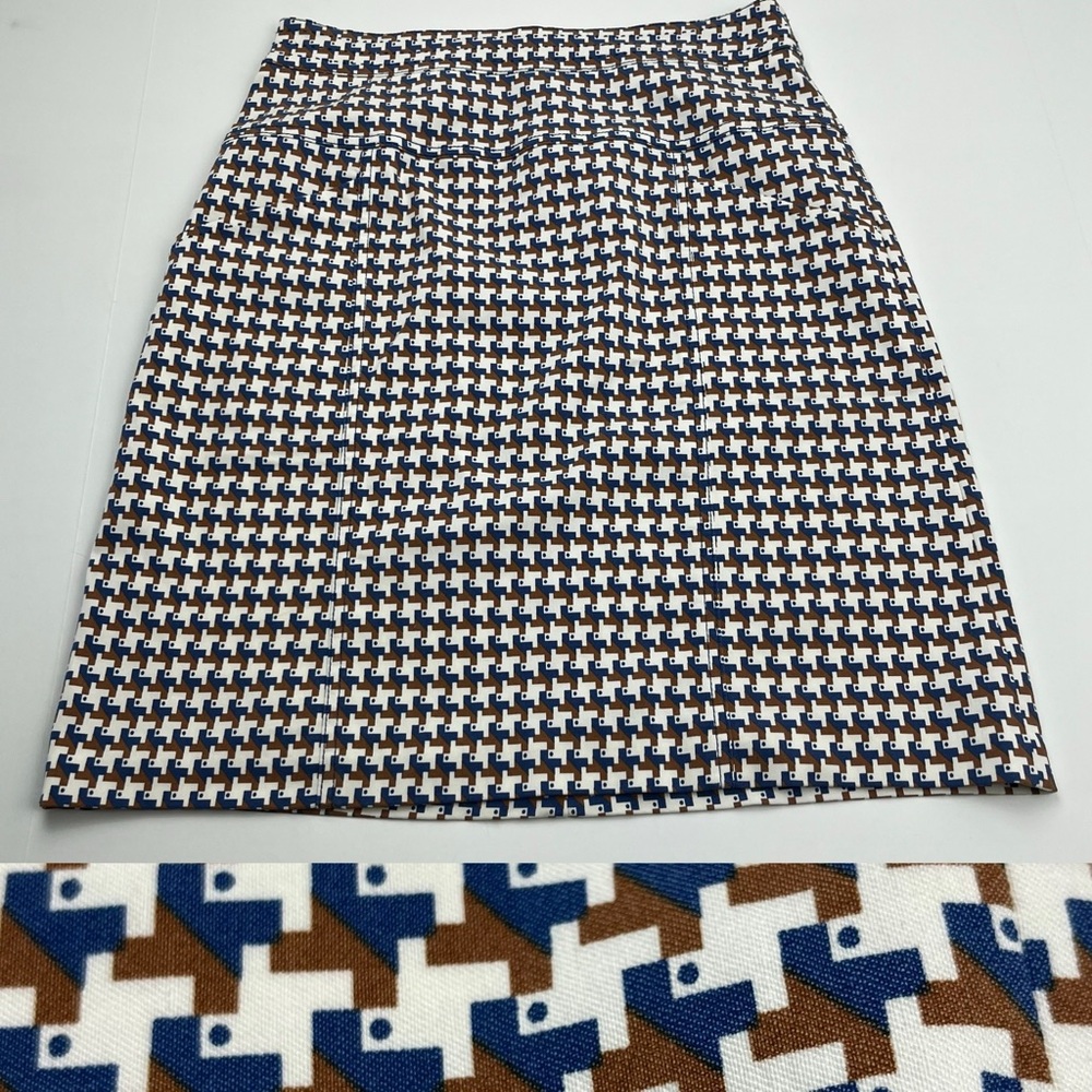 J. McLaughlin Geometric Houndstooth Pencil‎ Skirt Womens Size 2 White Blue Brown